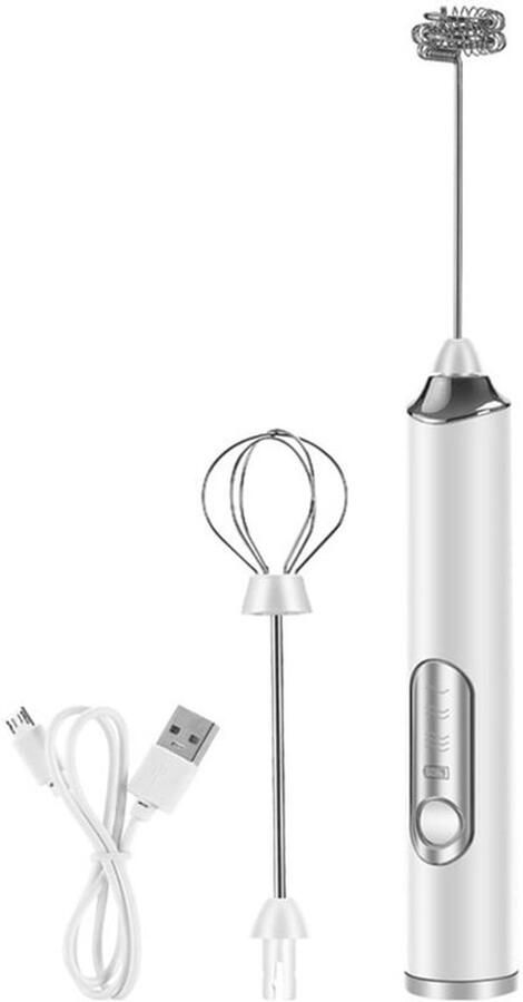 Elektrische melkschuimer met 3 instelbare snelheden en USB-oplaadfunctie. Wordt geleverd met 2 opzetstukken voor het opschuimen van melk geschikt voor koffie cappuccino en latte. Wit