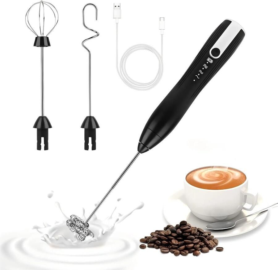 Elektrische melkschuimer voorzien van 3 opschuimkoppen 3 instelbare snelheden USB-oplaadmogelijkheid en een geluidsarme roerder