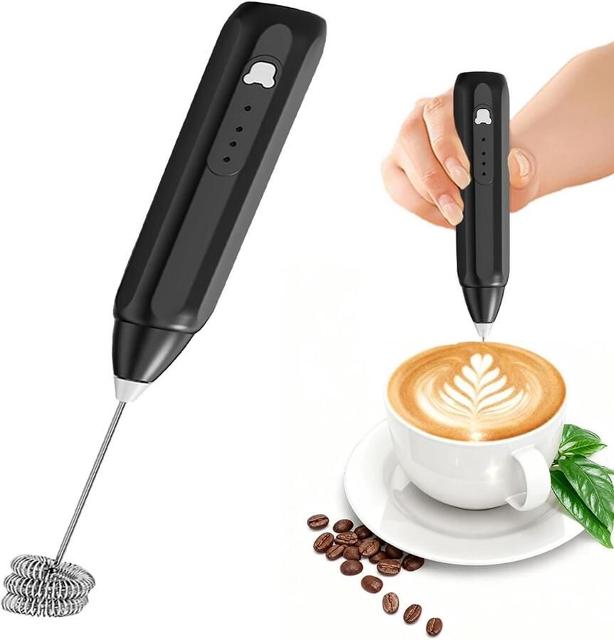 Elektrische melkverwerker – handgehouwen koffieknaller & schuimmaker met 3 snelheidsmodi zilveren mixer oplaadbare drankenmixer voor latte cappuccino warme chocolade & matcha – (USB zwart)