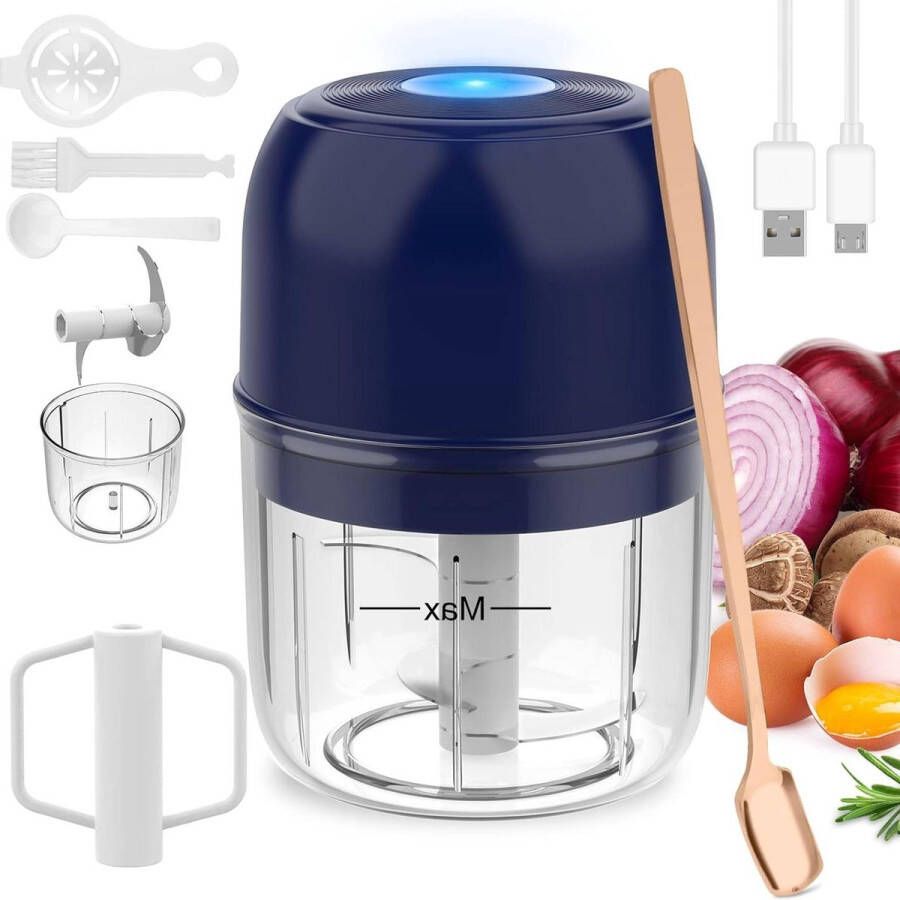 Elektrische mini-knoflookhakselaar eierklopper voedselhakmolen draadloze knoflookpershakselaar draagbare blender groente fruit waterdicht siliconen oppervlak 250+250ML (blauw)