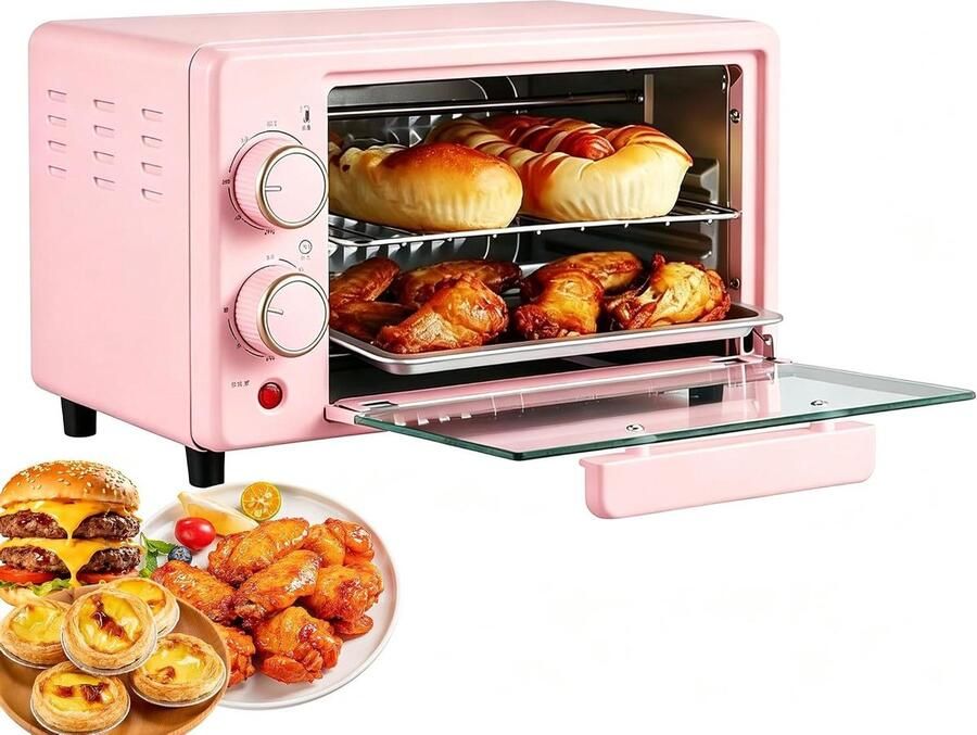 Elektrische Mini Oven Aanrechtoven Grill Thuis Koken Snelle Gelijkmatige Verwarming 12 Liter Roze
