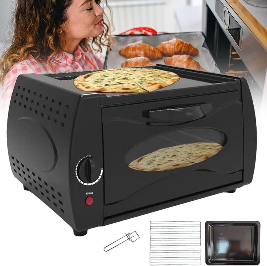 Elektrische Mini Oven Pizzaoven Keuken Authentiek Bakken Dubbele Capaciteit 12 Inch Pizza Zwart