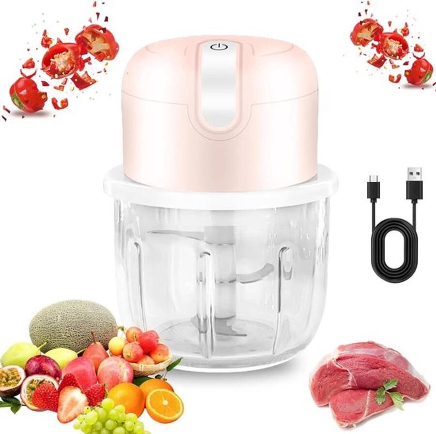 Elektrische mini-uiensnijder met USB-aansluiting 250 ml Oplaadbaar Roestvrijstalen lemmet Roze