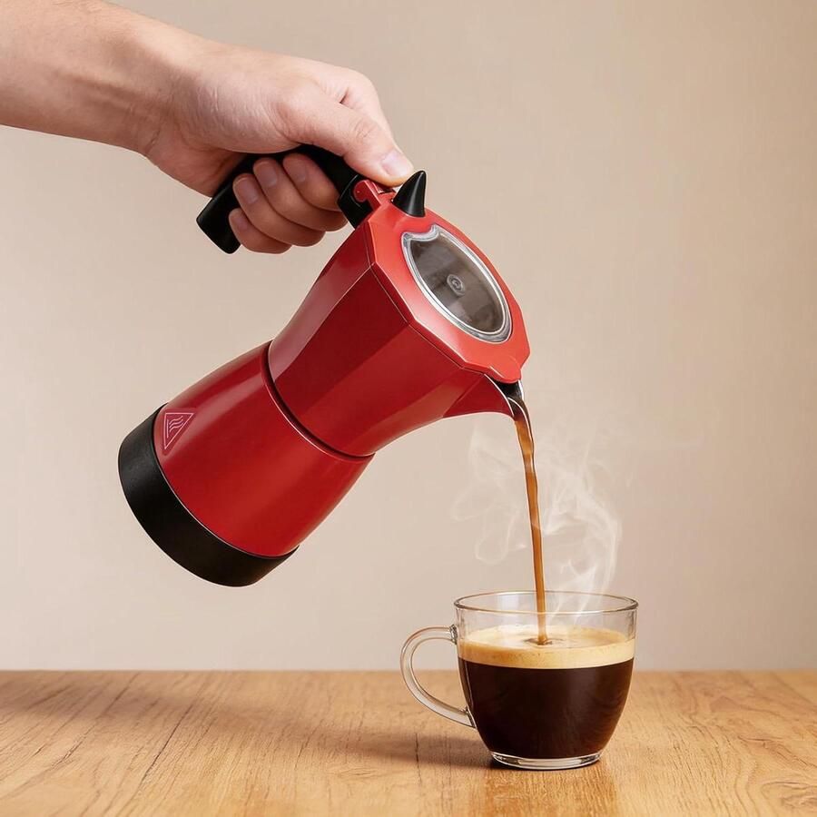 Elektrische Moka Pot Espressomachine Fornuis Koffie Zetten Hittebestendig Materiaal 300 ml Rood