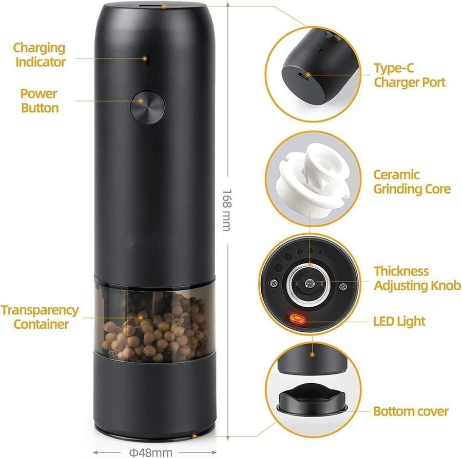 Elektrische Molen Automatische Kruidenmolen Snel Kruiden Malen Oplaadbaar Verstelbaar 50 Gram Lichtgewicht Zwart