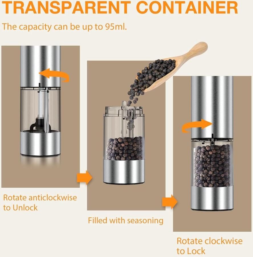 Elektrische molens set Peper en zout Maaltijden kruiden Oplaadbaar met USB-C 95 ml reservoir Zilverkleurig