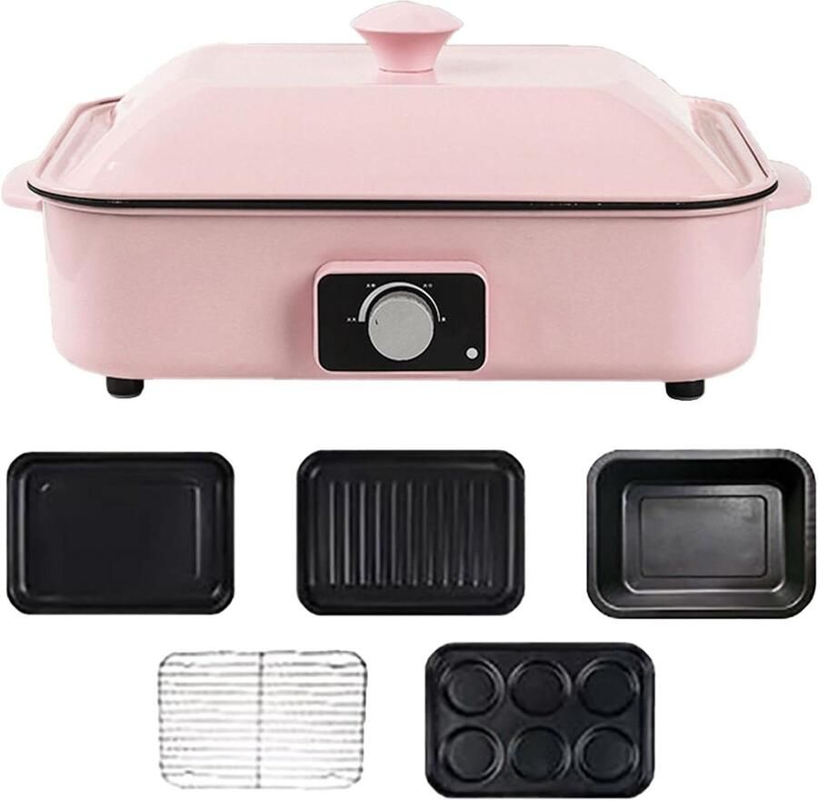 Elektrische Multifunctionele Pan 4-in-1 Kooktoestel Gezellig Tafelen Dubbele Temperatuurregeling 5L Inhoud Roze