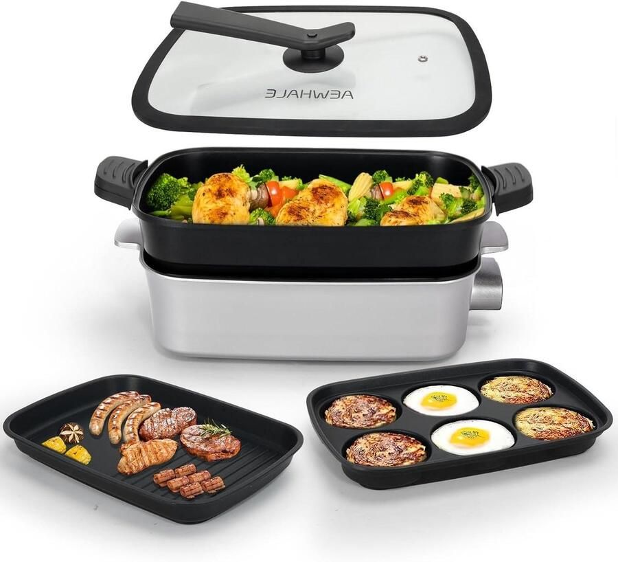 Elektrische Multifunctionele Pan Grill Pan Samen Koken 3 Verschillende Platen 44 x 33 x 19 cm