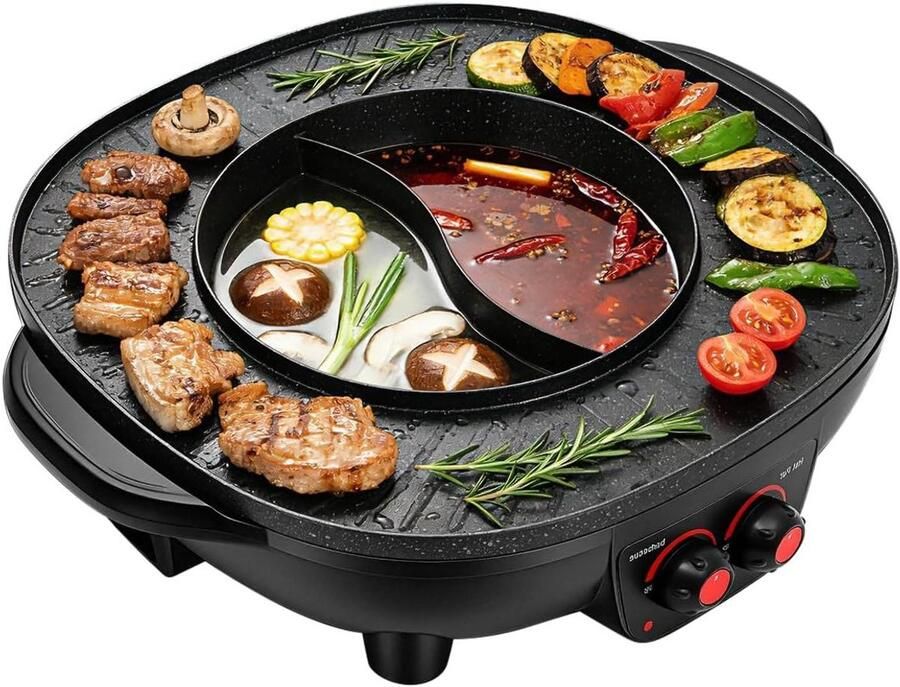 Elektrische Multikoker Grillplaat Hotpot Gezellig Eten Gescheiden Temperatuurregeling 49 cm Zwart