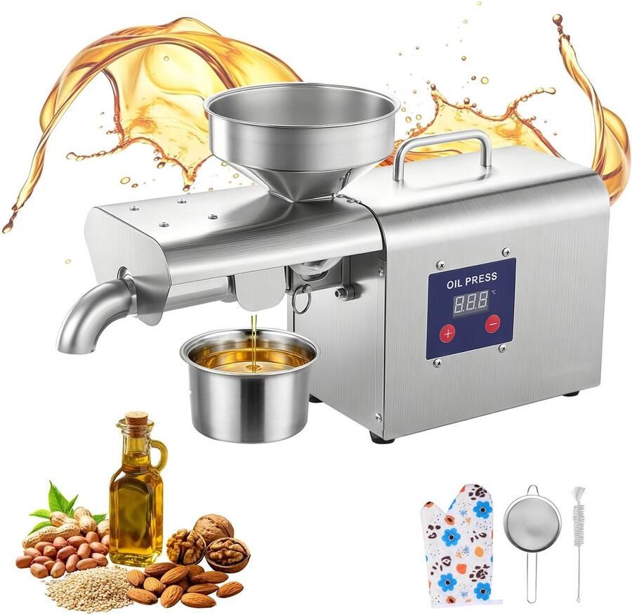 Elektrische oliepers Automatische oliemolen 750 W Capaciteit 3 75 kg u Temperatuur 50-300 °C warm persen Voor pinda's sesam sojabonen amandelen Roestvrij staal