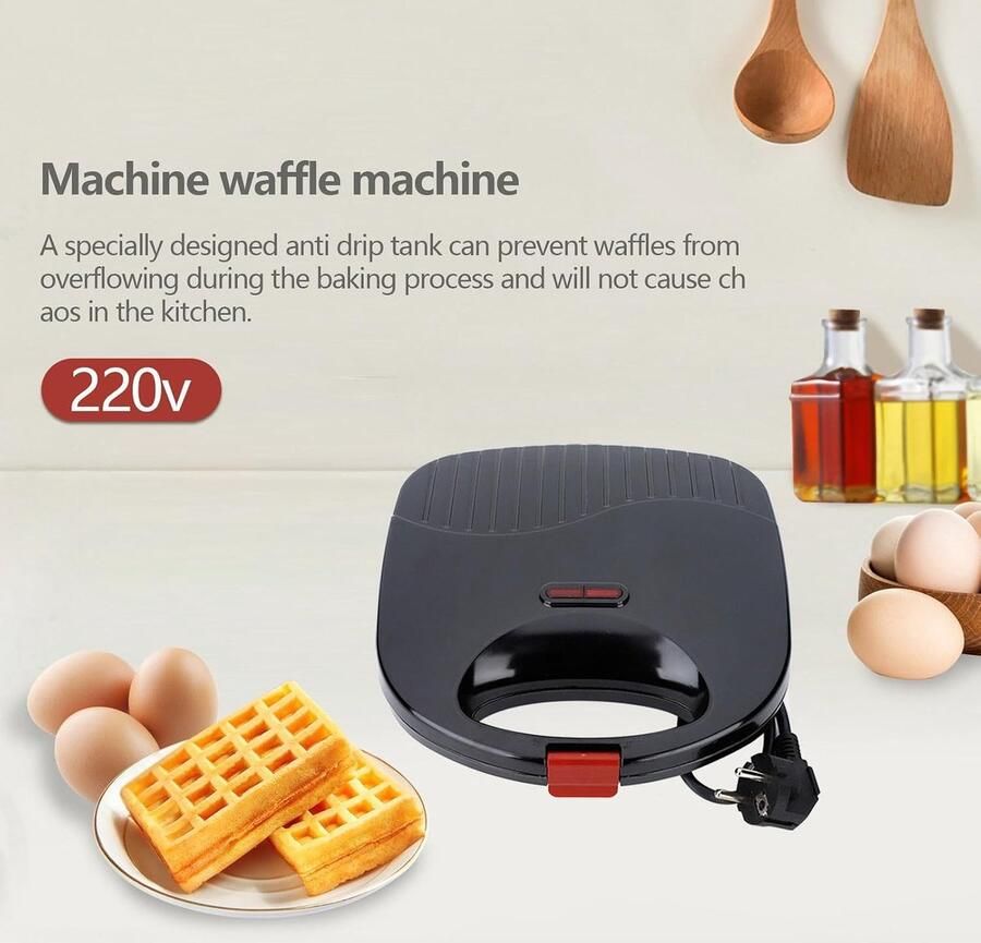 Elektrische Ontbijtmachine Wafelijzer Bakplaat Ontbijt Bereiden Automatische Temperatuurregeling 22.5 x 22.5 x 7 cm Zwart