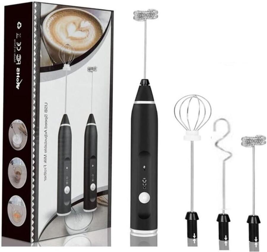Elektrische opschuimer Draadloze garde Koffie en thee USB oplaadbaar 1200 mAh Zwart