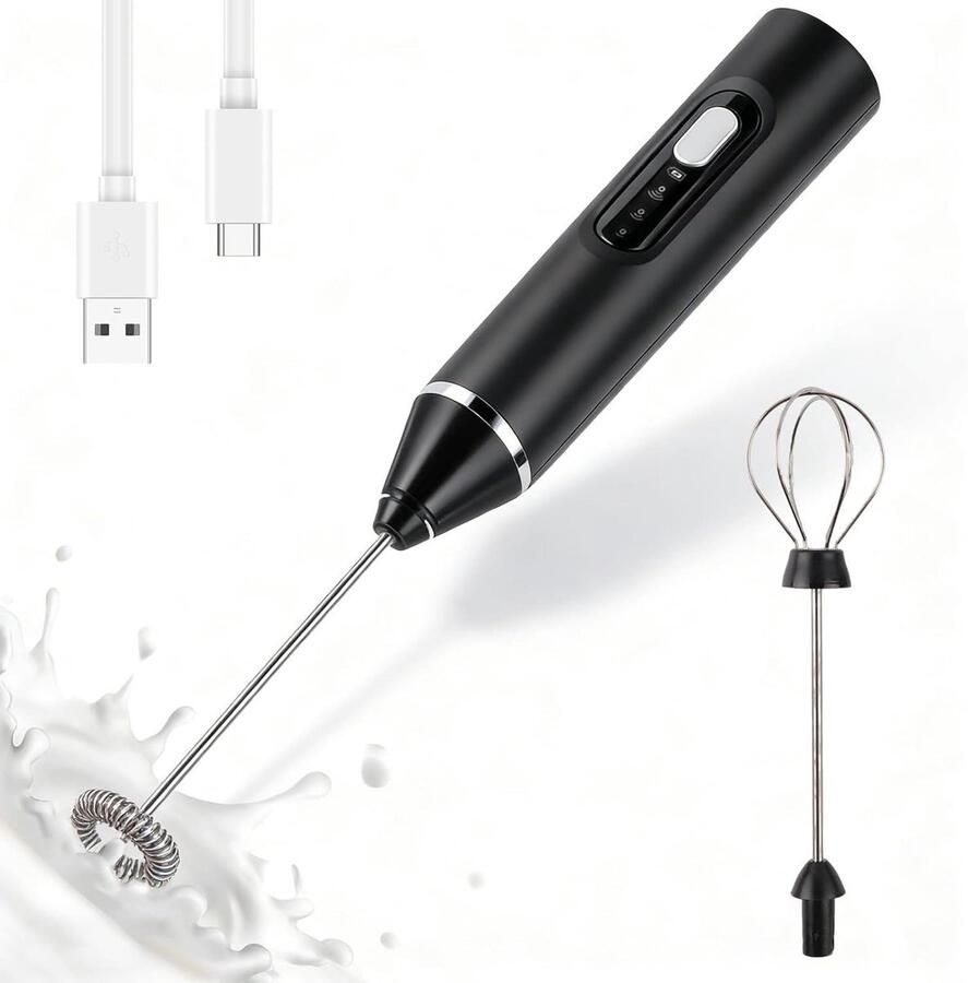 Elektrische Melkopschuimer Handopschuimer Garde Romig Schuim Maken Oplaadbaar USB-C 1200mAh Batterij Zwart