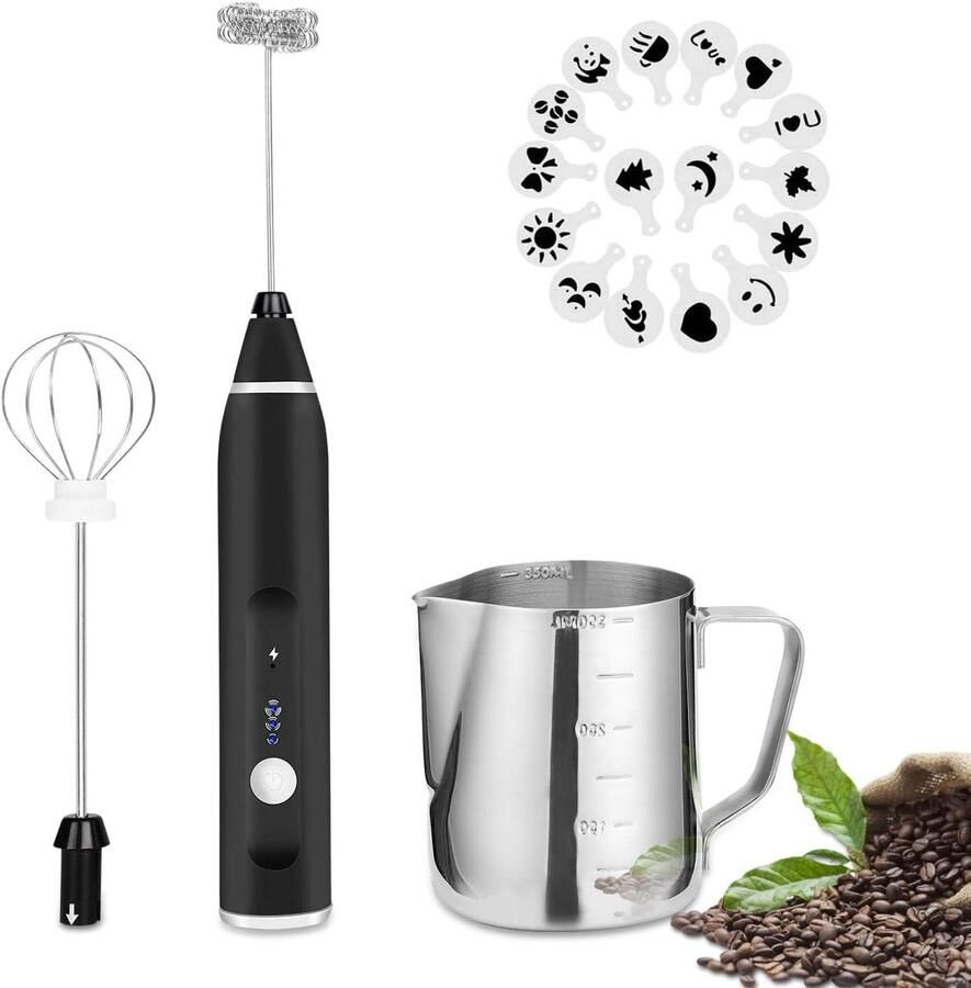 Elektrische Opschuimer Melk Garde Koffie Maken USB Oplaadbaar 3 Snelheden Zwart