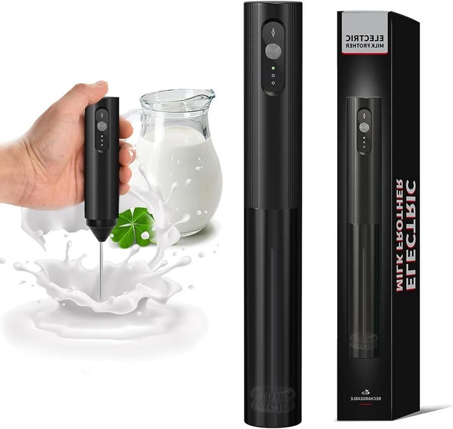 Elektrische opschuimer Melk mixer Koffie maken Oplaadbaar met 3 snelheden 23.2 cm Zwart