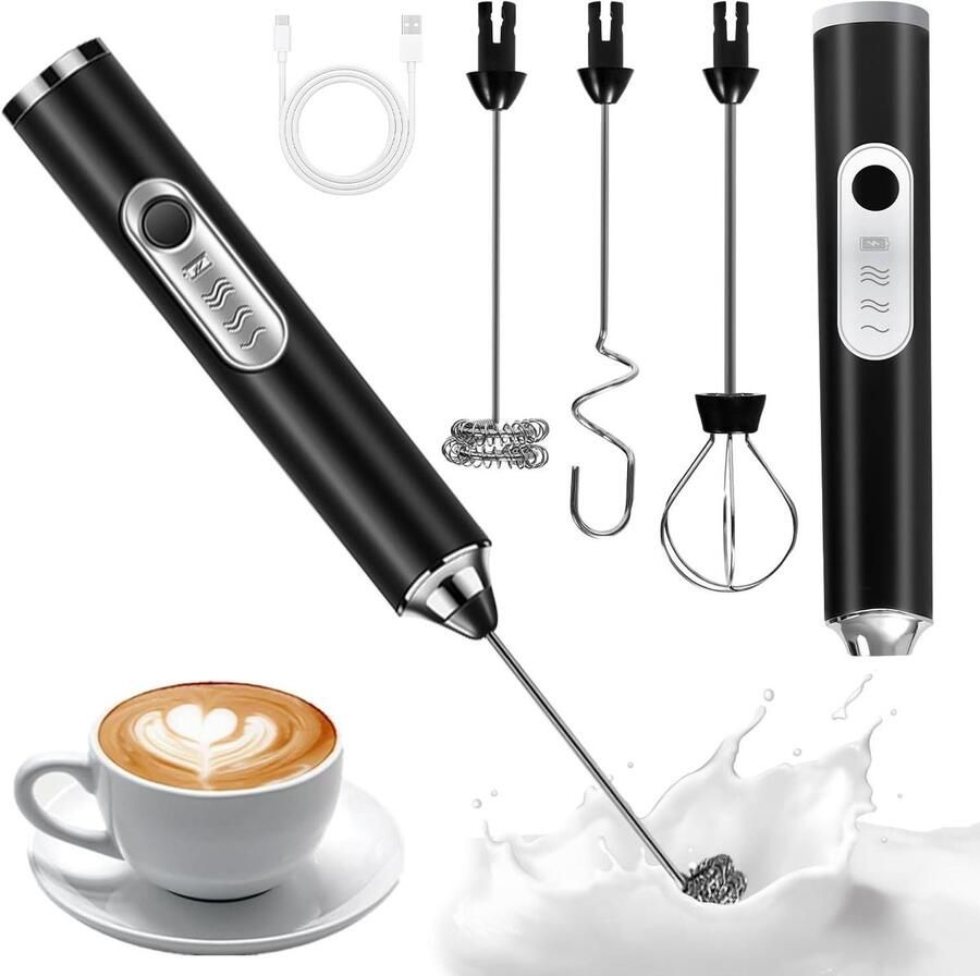 Elektrische Opschuimer Mini Mixer Koffie Maken 3 Snelheden Instelbaar USB Oplaadbaar Zwart