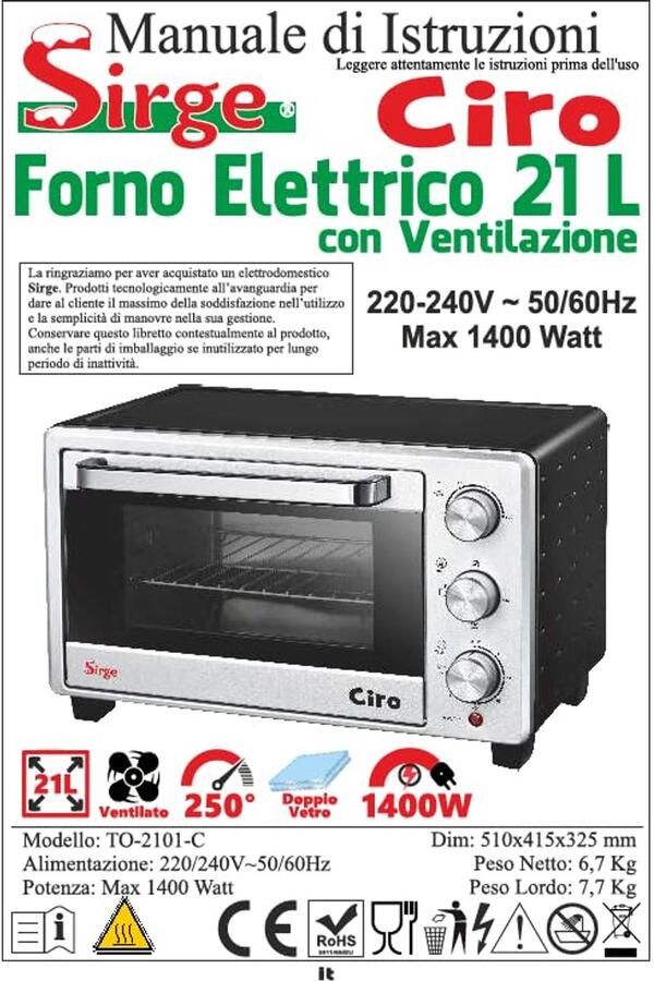 Elektrische Oven 21L 1400W Statisch en Geventileerd met Dubbel Glas en 3 Kookstanden