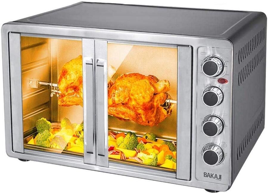Elektrische oven met circulatielucht 55 l vermogen 2200 W met dubbele binnendeur 4 kookstanden instelbare temperatuur timer met draaispit en accessoires