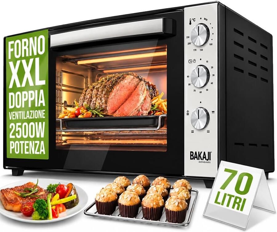 Elektrische oven met convectiecapaciteit 70 liter vermogen 2500 W temperatuur instelbaar tot 250 ° 2 ventilaties verwarmbaar staal binnenverlichting timerfunctie rotisserie (70 liter)