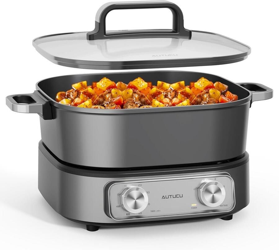 Elektrische Pan Soepketel Multicooker Eten Koken PFOA-vrije Coating 6.3 Liter Grijs