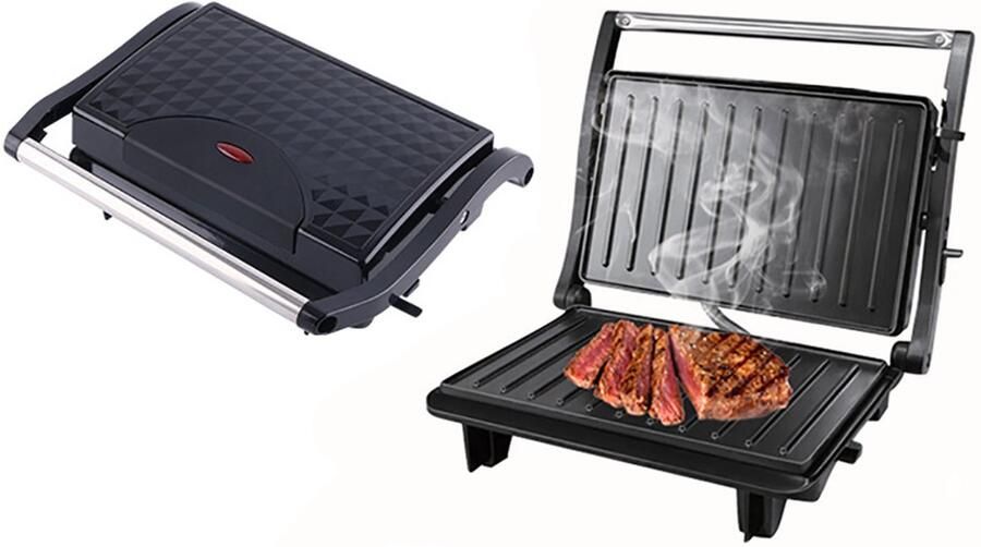Elektrische Panini- en Sandwichgrill met antiaanbakplaten; opent 180 graden voor elk type of formaat voedsel; voorzien van vaatwasserbestendige uitneembare lekbak