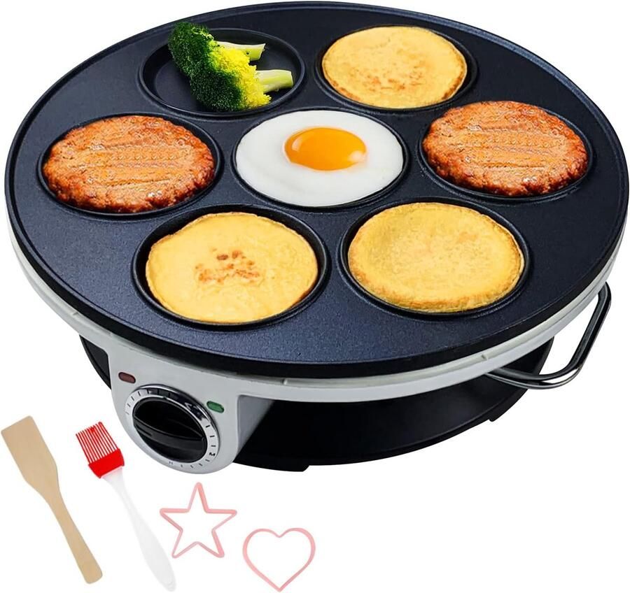 Elektrische Pannenkoek Maker Mini Crêpe Pan Ontbijt Maken 7-Gaten Ontwerp 1000 Watt Zwart