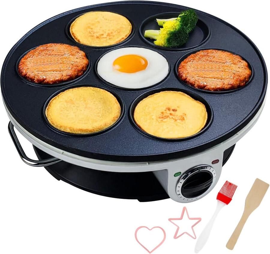 Elektrische Pannenkoek Maker Mini Crêpe Pan Ontbijt Maken 7-Gaten Ontwerp 1000 Watt Zwart