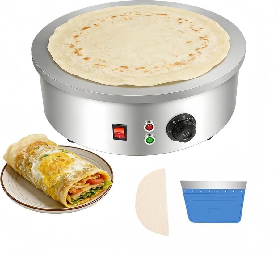 Elektrische Pannenkoekenmaker Crêpe Plaat Snelle Maaltijden Antiaanbaklaag 45 cm Diameter Zilver