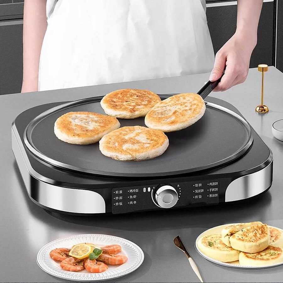 Elektrische Pannenkoekenpan Crêpe Maker Snelle Maaltijden Antiaanbaklaag 40cm Diameter Zilver