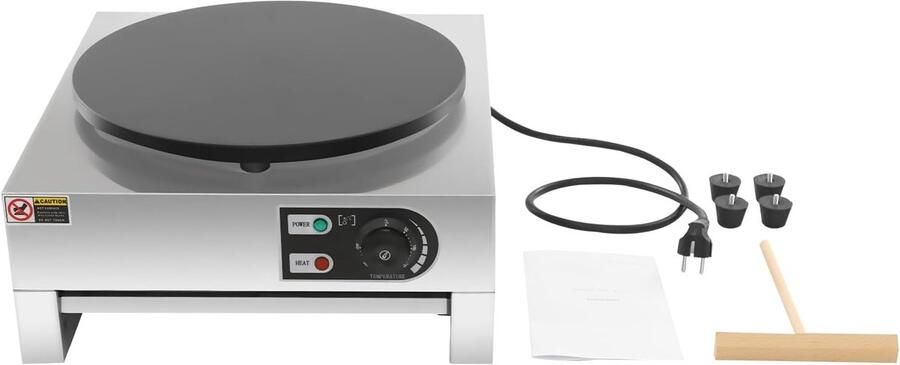 Elektrische Pannenkoekenpan Crêpe Maker Thuis en horeca Instelbare Temperatuur 40 cm Diameter Zilver Zwart