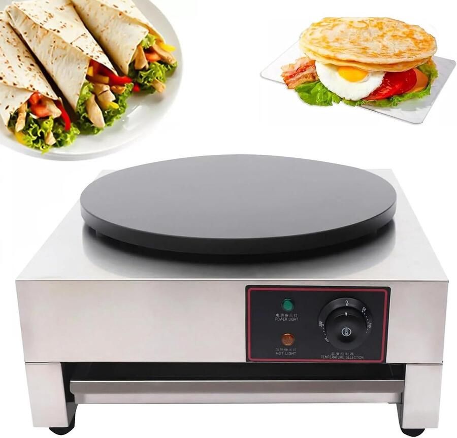 Elektrische Pannenkoekenpan Pannenkoekenmachine Crêpe Ontbijt Maken Antiaanbak Gietijzer 40 cm Diameter Zilver