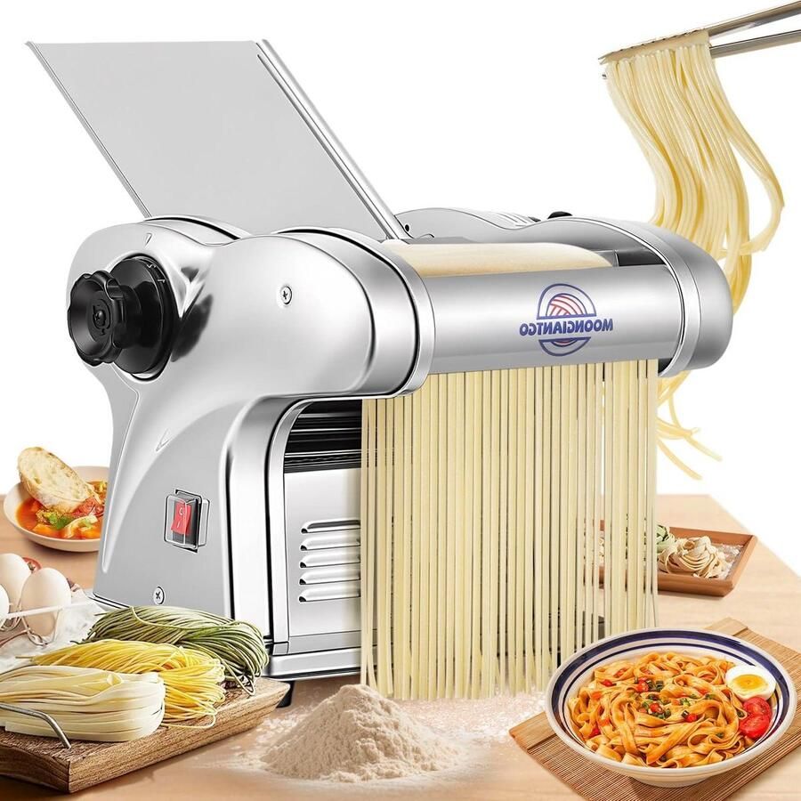 Elektrische Pastamaker Deegroller Machine Verse Pasta Maken 3 Mesjes Inclusief 6 Diktes Instelbaar Zilverkleurig
