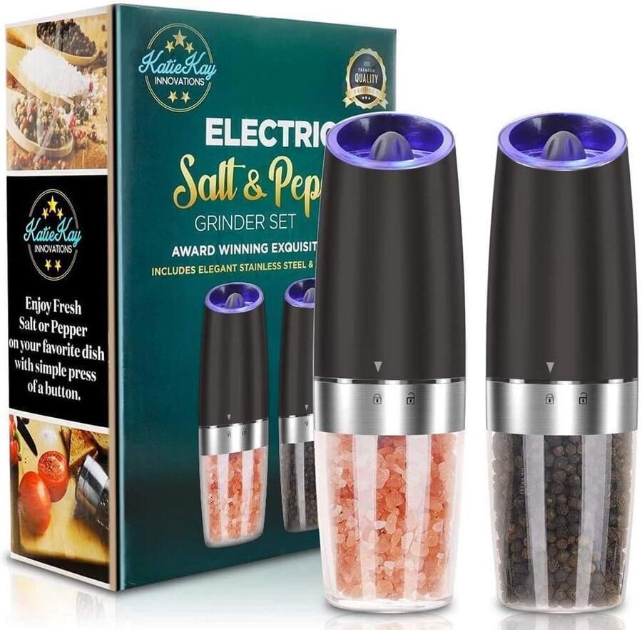 Elektrische peper- en zoutmolen set met zwaartekrachtbediening en LED-licht Verstelbare grofheid automatisch groot formaat zwart
