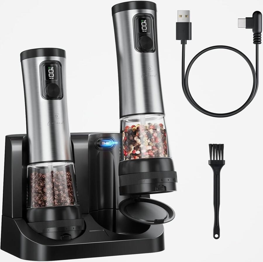 Elektrische peper- en zoutmolenset met oplaadbare basis en digitaal scherm