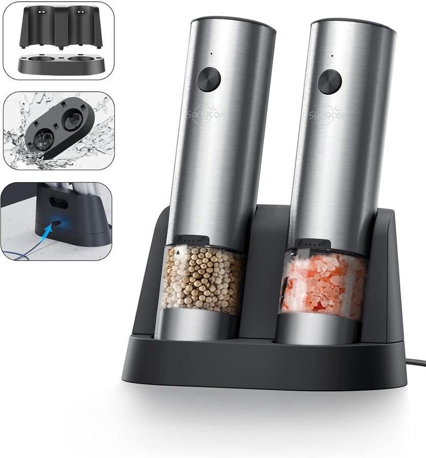 Elektrische peper- en zoutmolenset USB oplaadbaar automatische pepermolen shaker set instelbare grofheid eenvoudig met één hand te bedienen