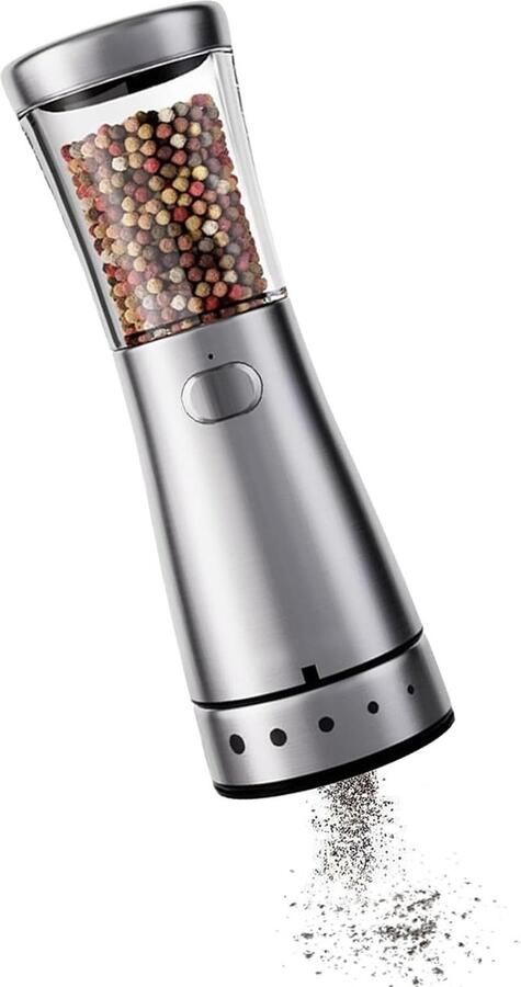 Elektrische Pepermolen Compacte Molen Kruiden Malen Vijf Maalstanden 7 cm Breed Zilverkleurig