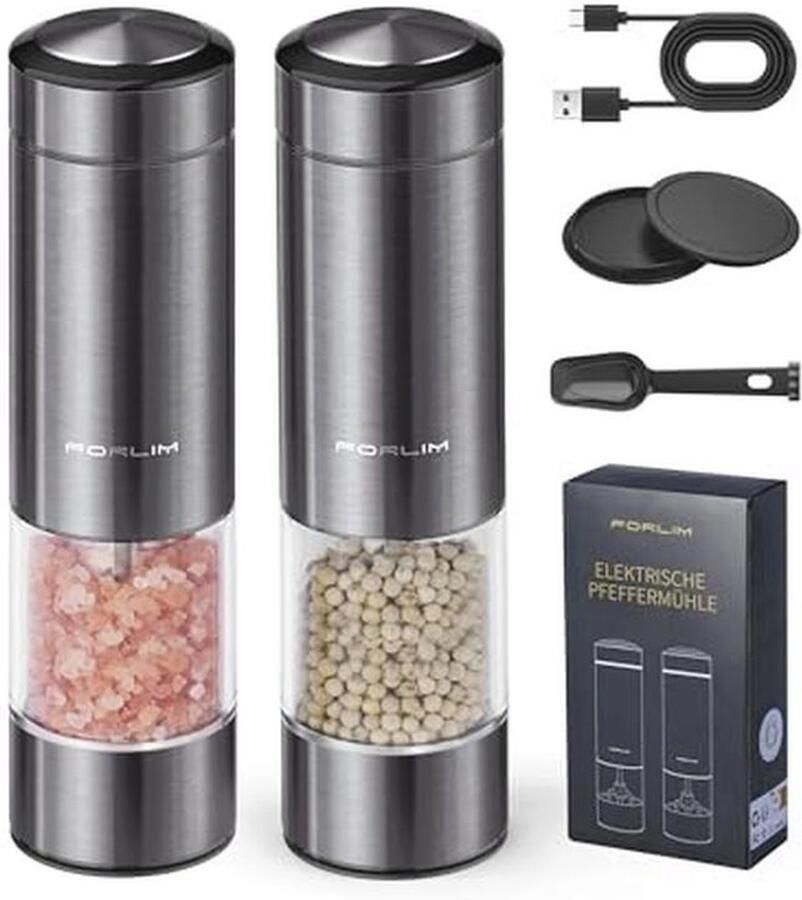 Elektrische Pepermolen Set met USB Oplaadbaar Design en LED Licht Instelbare Dikte en Rustvrij Staal Set van 2