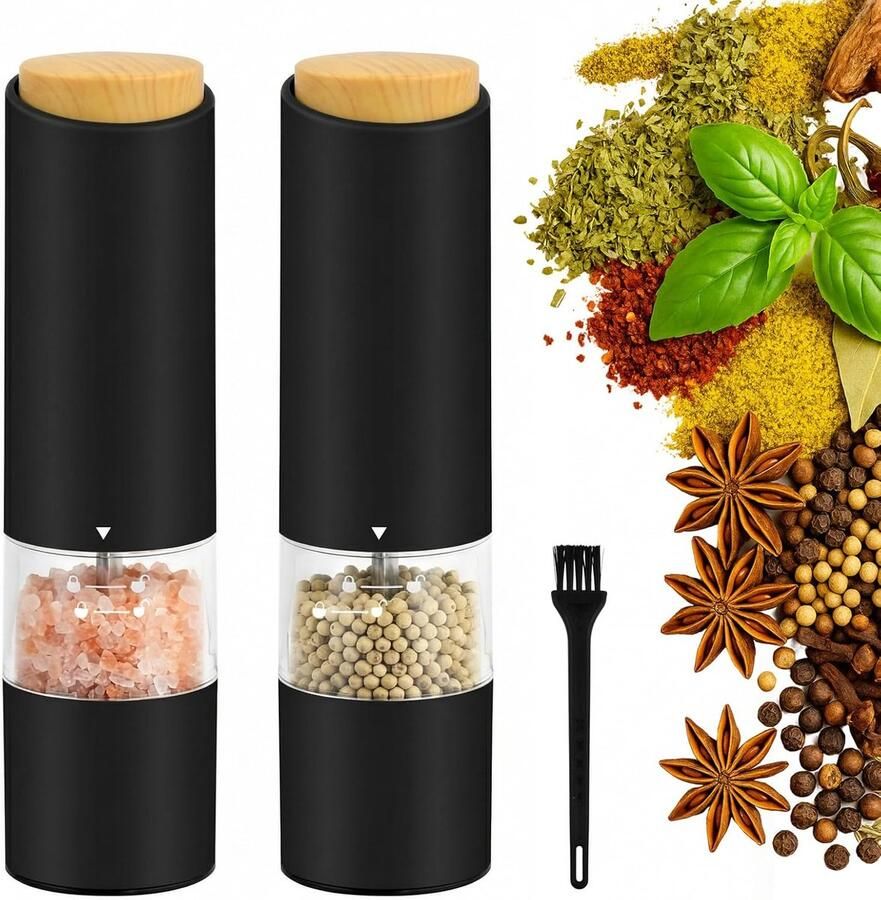 Elektrische Pepermolen Zoutmolen Kruidenmaler Koken Tafelen Instelbare Maalgraad LED Dubbelpak Zwart