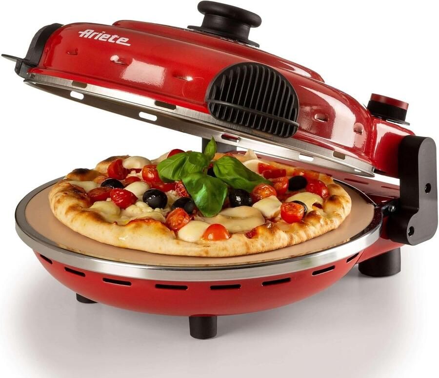 Elektrische Pizzaoven 1200W Pizzamaker tot 400°C met 5 Bakstanden Pizza in ca. 4 Minuten Met Antiaanbakplaat en Houten Pizzascheppen Rood