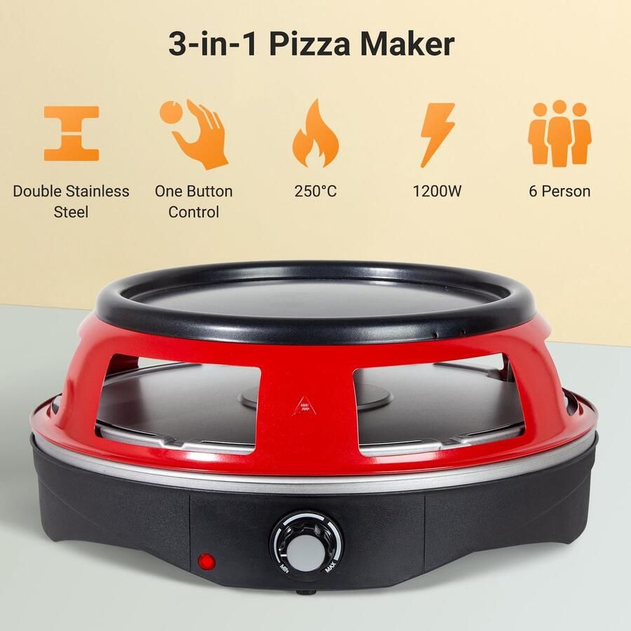Elektrische Pizzaoven 3-in-1 1200 W Vermogen 6 Mini Pizzascheppen Kunststof En RVS Voor Gezellig Samen Eten