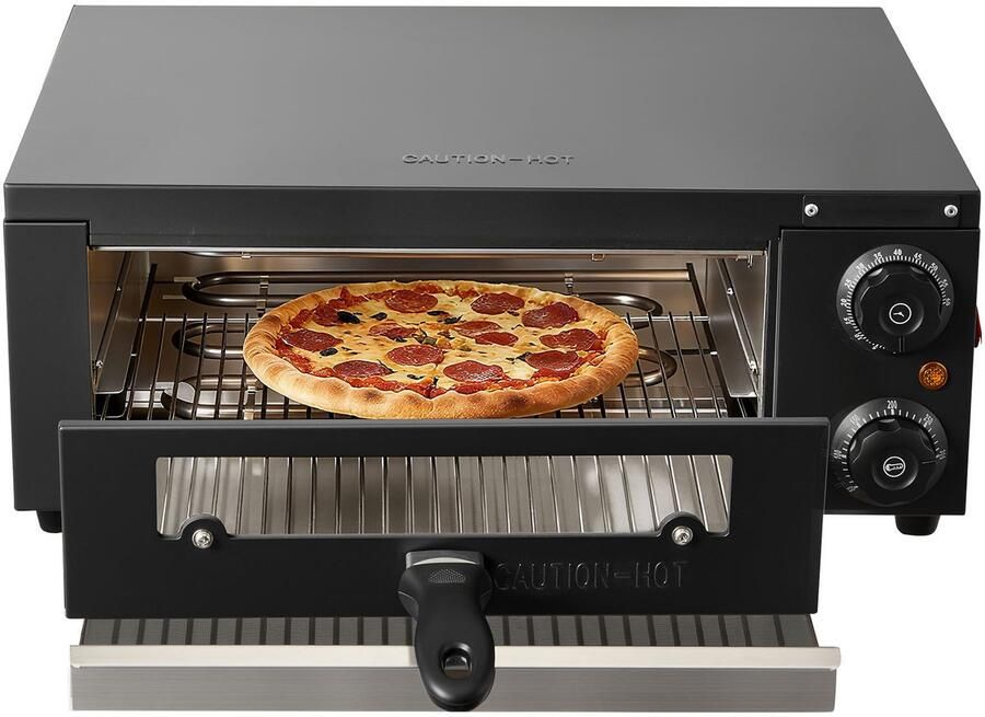 Elektrische Pizzaoven 30 cm Pizzakoker voor Op Het Aanrecht Instelbaar Temperatuurbereik 25-300 °C 1450 W Pizzamaker voor Binnen met Timer En Temperatuurregeling Dubbele Verwarmingsbuizen En Grillrooster voor Thuis En Commercieel Gebruik