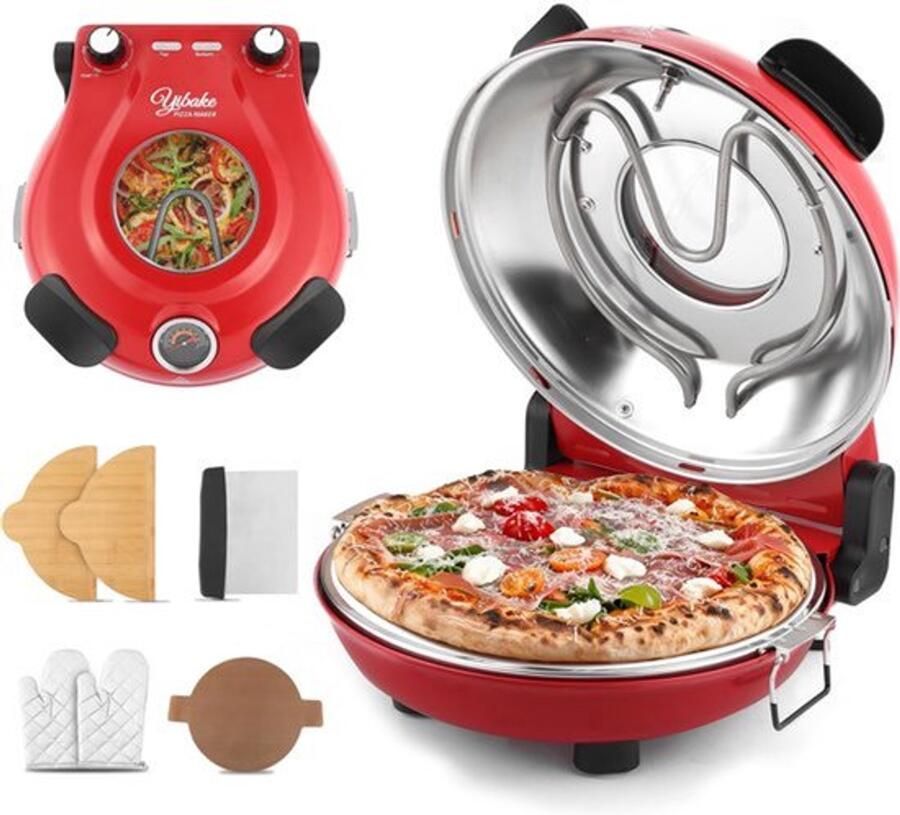 Elektrische Pizzaoven 32 cm Rood 1200 Watt Vermogen Keramische Baksteen Voor Thuisgebruik