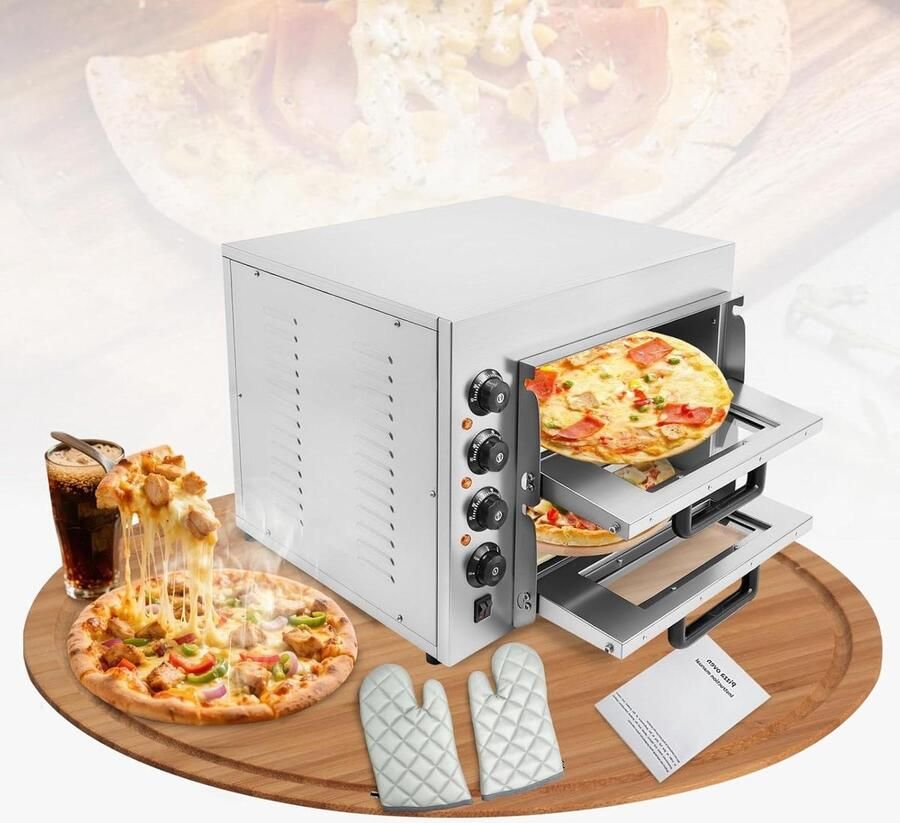 Elektrische Pizzaoven Bakapparaat Horeca Professioneel Bakken Dubbele Laag Structuur 3000 Watt Zilver