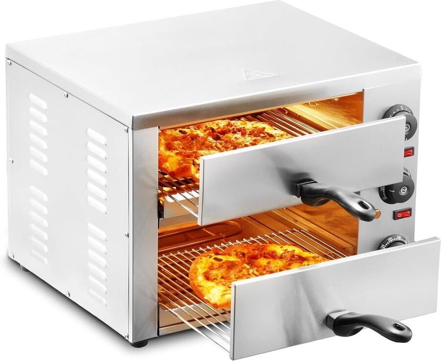 Elektrische Pizzaoven Compacte Oven Thuis Koken Dubbele Roestvrij Staal Etages 30 cm Zilver