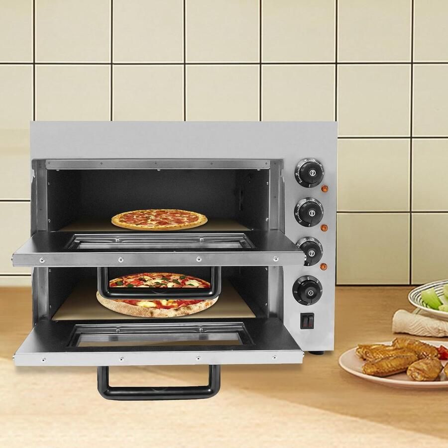 Elektrische Pizzaoven Dubbele Laags Oven Professioneel Bakken Dubbele Temperatuurregeling 20 Liter Capaciteit Zilver