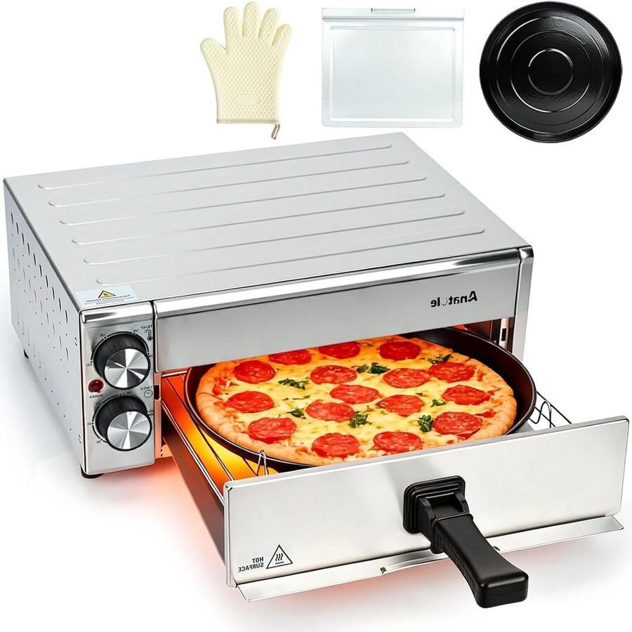 Elektrische Pizzaoven Heteluchtfriteuse Mini Oven Snelle maaltijden bereiden Roestvrij staal 30.5 cm Zilver