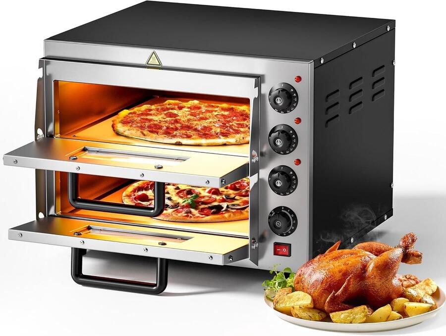 Elektrische Pizzaoven met 2 Niveaus 3000W Inclusief 2 Cordieriet Pizzastenen Dubbele Bakoven met Kijkvensters Voor Pizza en Brood