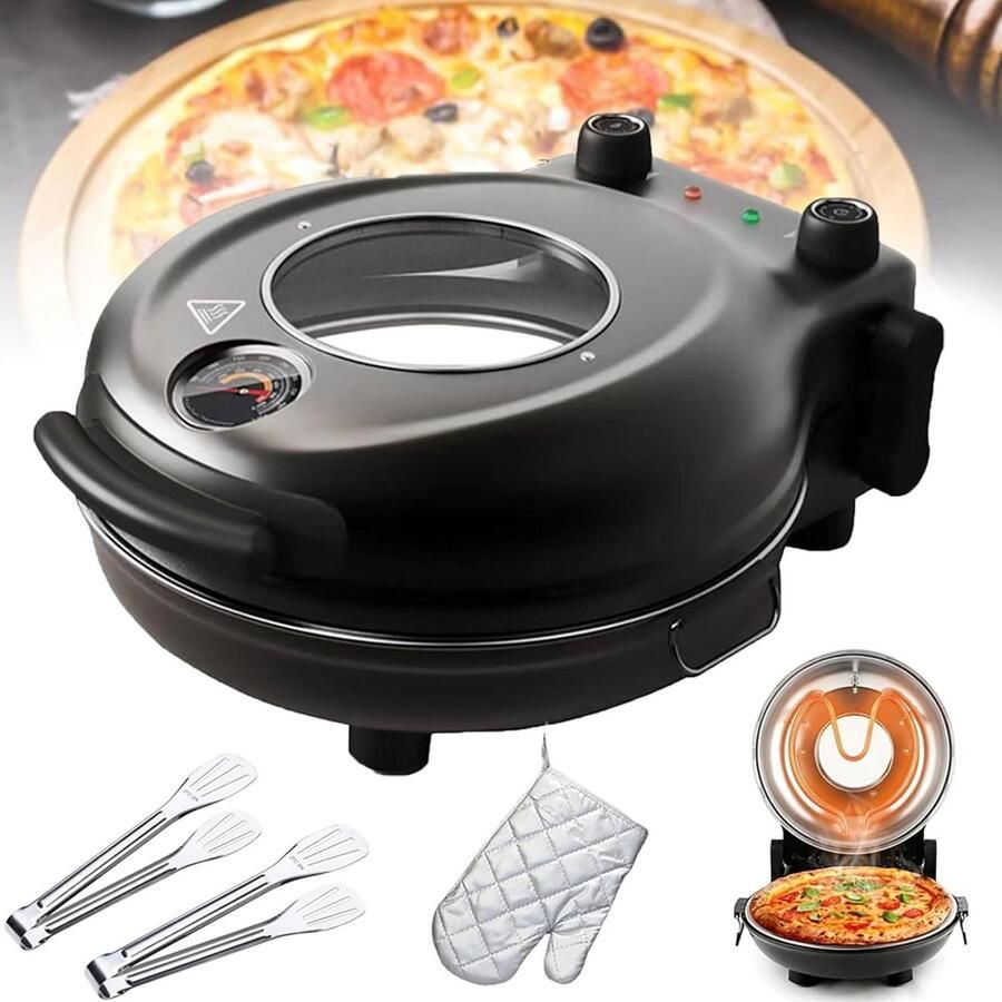 Elektrische Pizzaoven Pizzamaker Aanrecht Thuis Bakken Snelle Hitte tot 420°C 30 cm Steen Zwart