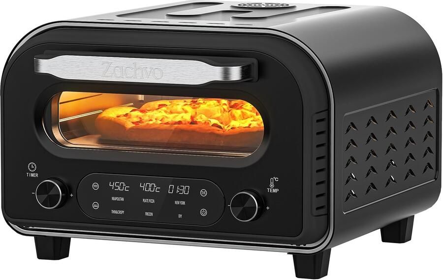 Elektrische pizzaoven tot 450 °C 5 vooraf ingestelde pizzetypen touchscreen en draaiknoppen timer van 1 tot 60 minuten behuizing van roestvrij staal voor pizza van 32 cm