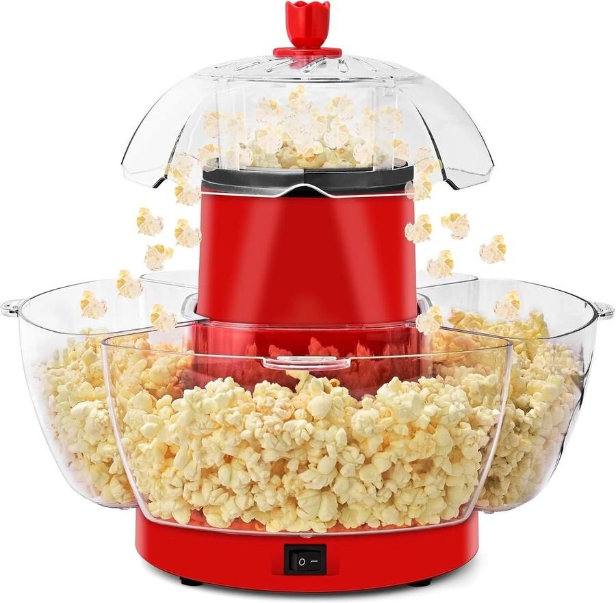 Elektrische popcornmachine met hete lucht inclusief 4 kommen en maatbeker olievrij geschikt voor familiefeestjes en kinderen rood